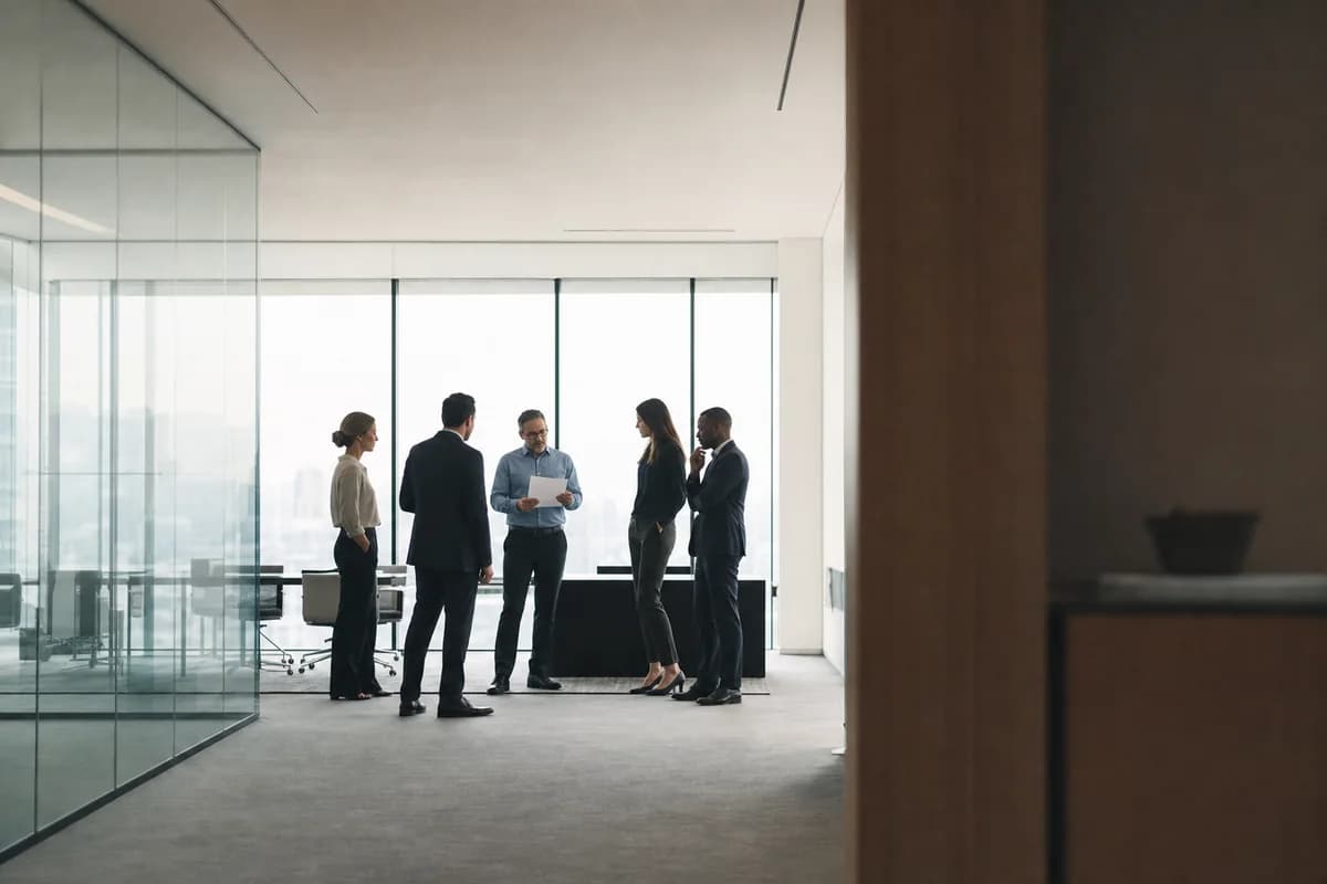 Five people standing in a loose semicircle in an open office, mid-discussion