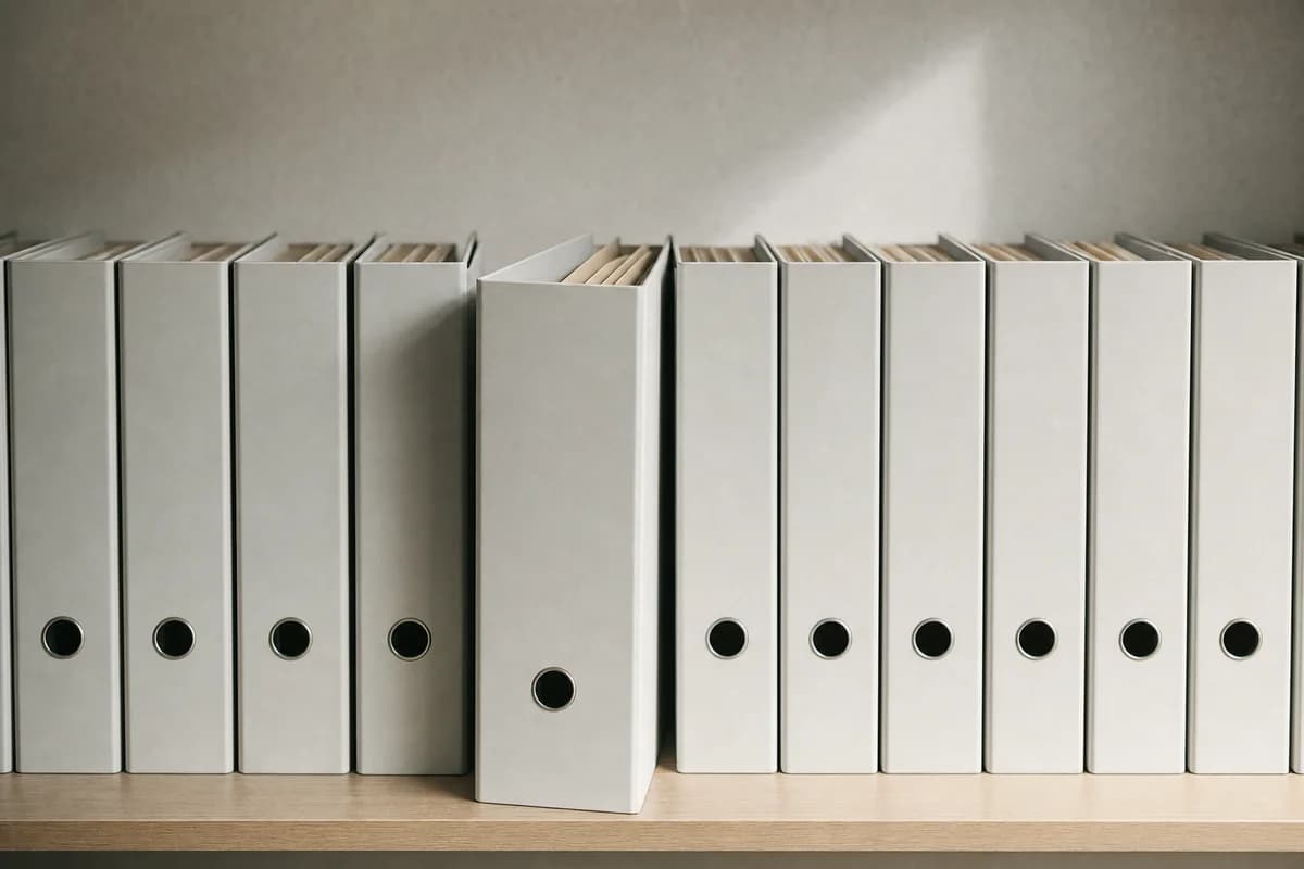 A row of identical tabbed ring binders on a shelf, one pulled forward