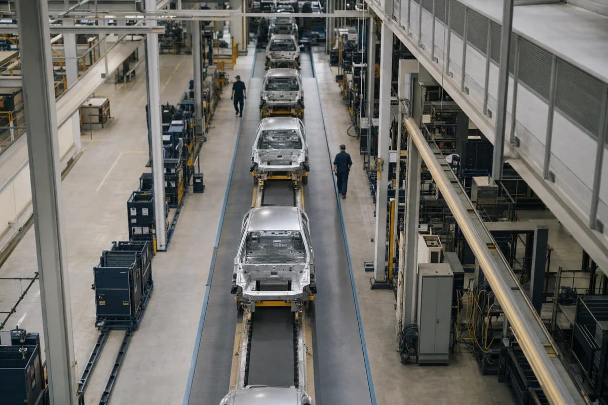 An automotive assembly line seen from a walkway above, car bodies spaced along the conveyor