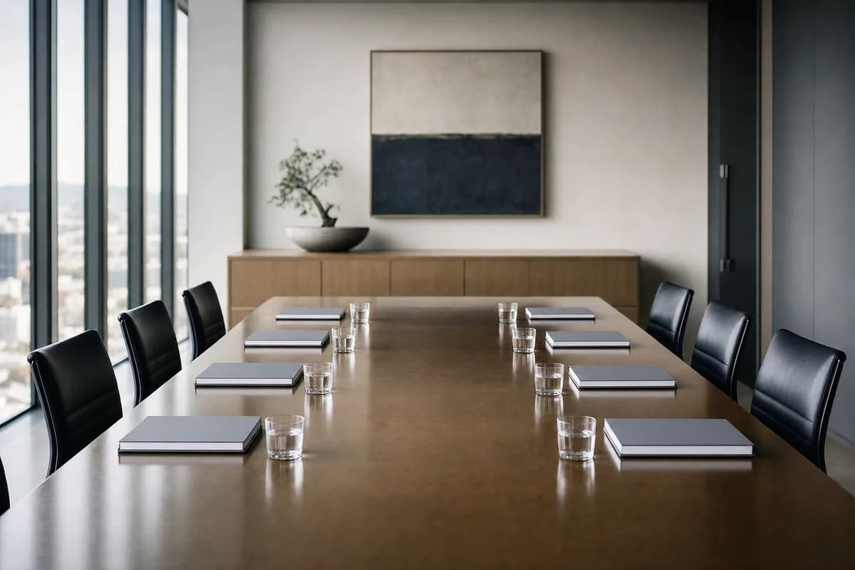 Identical bound document packs set out around a boardroom table before a meeting