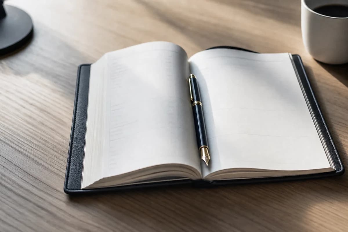 A bound desk diary open flat on a desk with a fountain pen laid across it