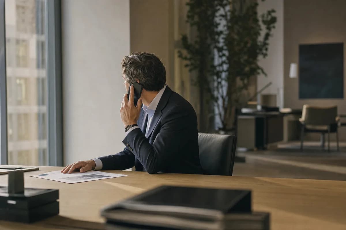 A person taking a phone call alone at a desk beside a window, a printed page in front of them