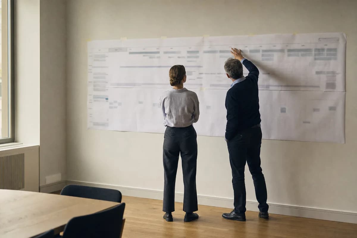 Two people standing at a large printed programme plan pinned across a meeting room wall