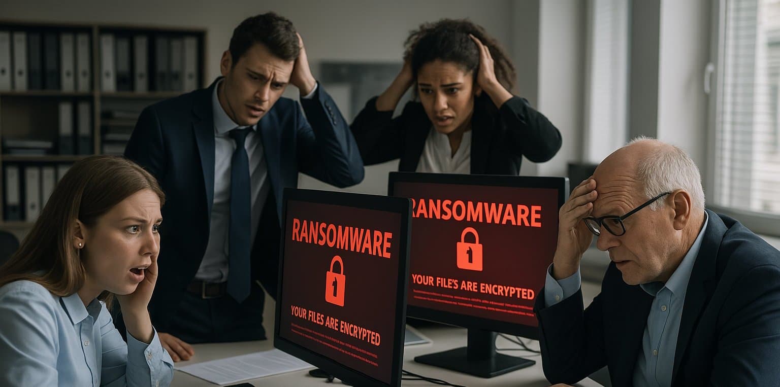 Small business team reacting to a ransomware screen
