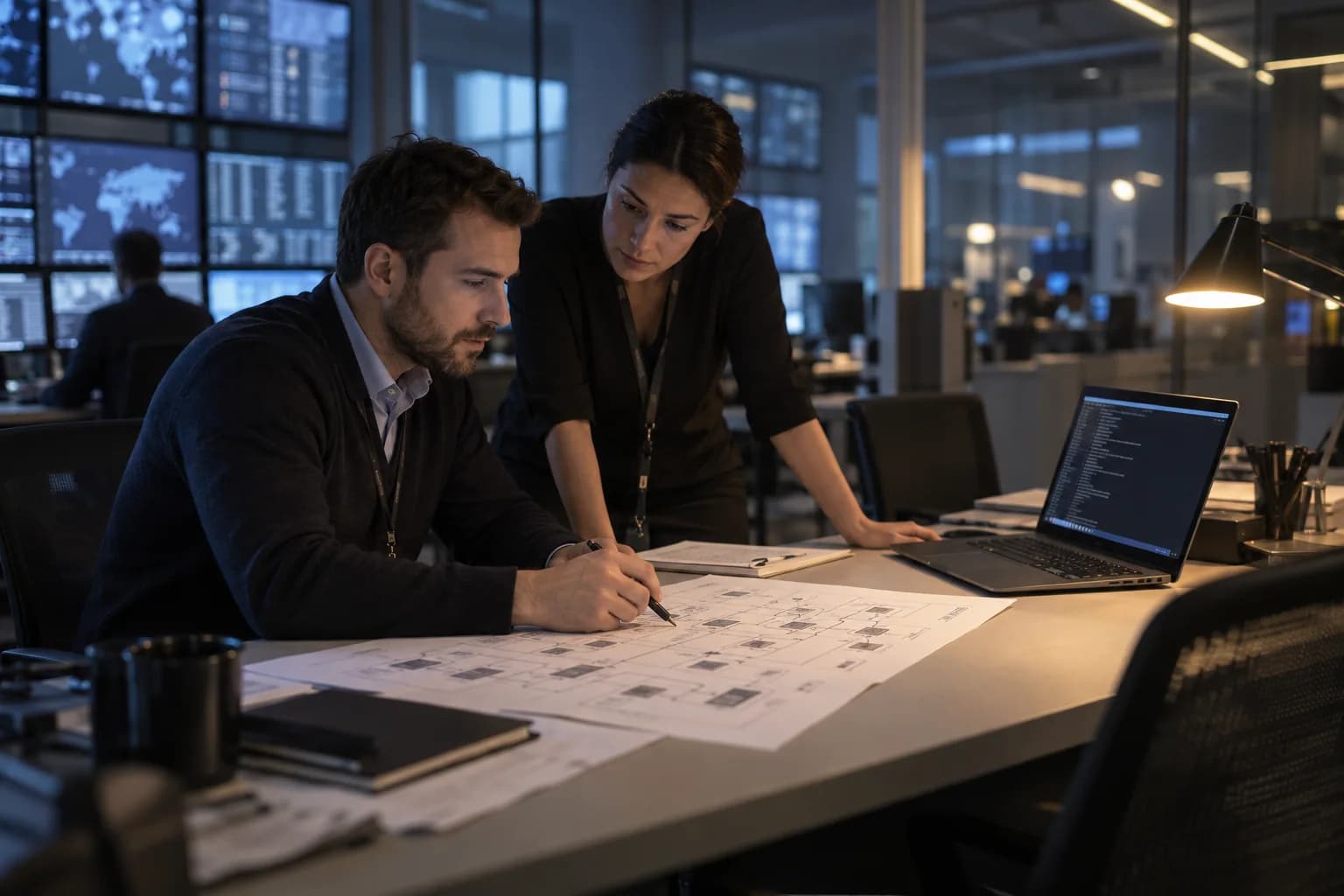 Bank pentest: two security consultants reviewing a network diagram in a bank operations centre - Atlant Security