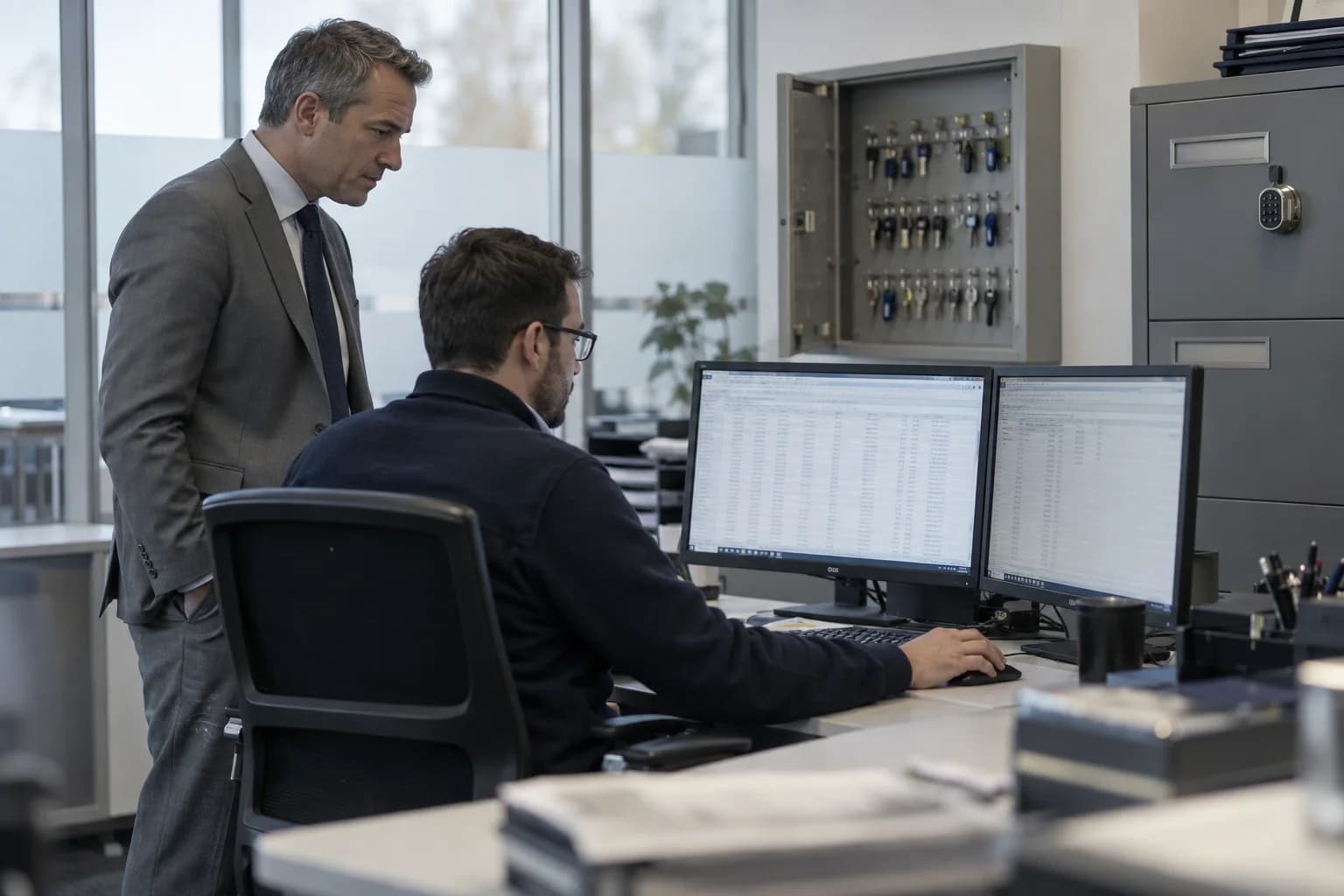 A treasury operations manager and a security consultant reviewing a payment operations workstation in a bank back office