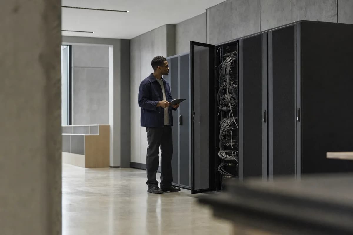 Servers, network and endpoints are inspected in place, on your kit, not from a questionnaire. A systems engineer reviewing cabling and configuration at an open equipment rack in a server room