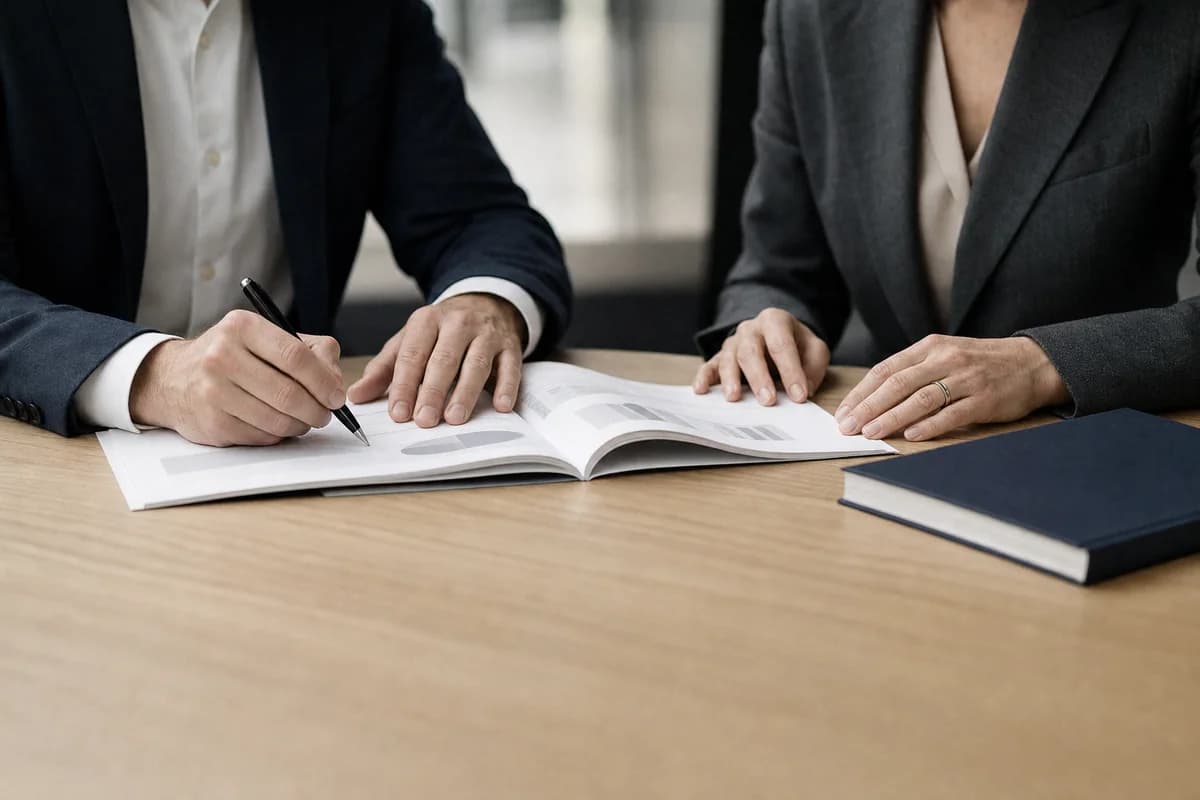 Findings are walked through with you line by line, so your team can act without a translator. Two people going through a printed security assessment report together, annotating the margin