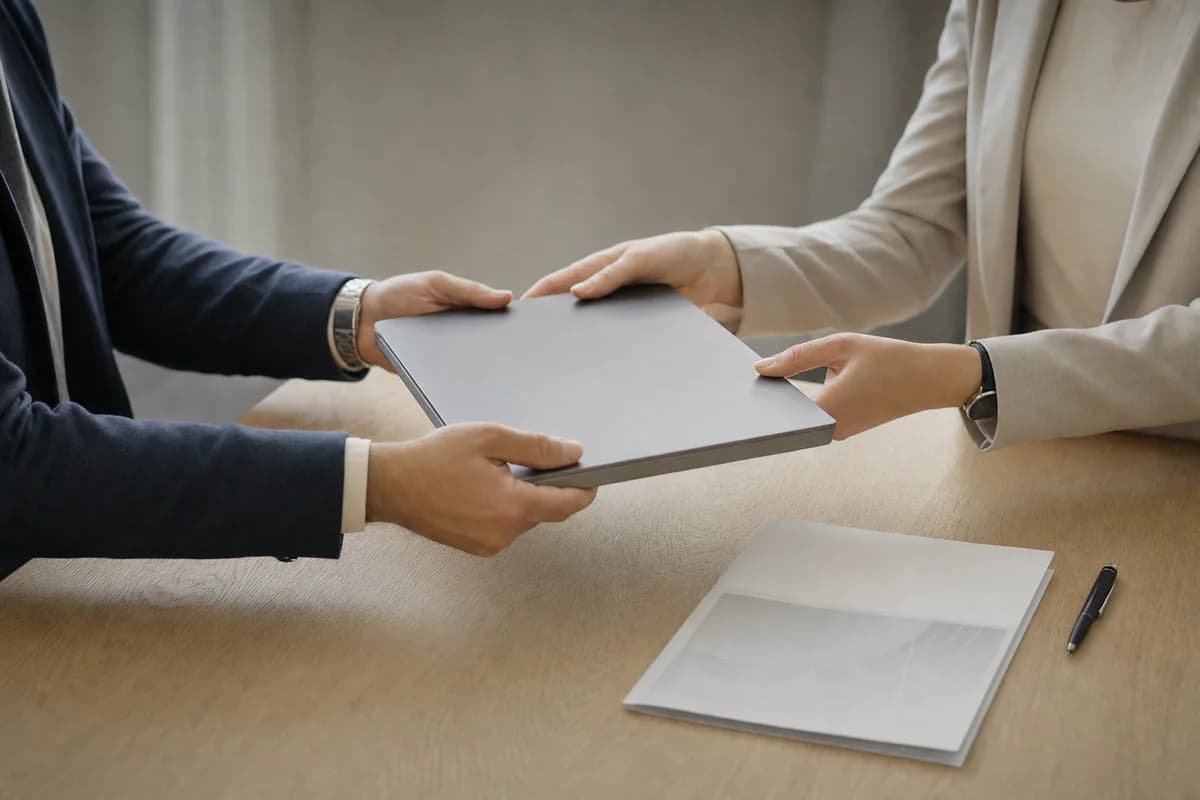 You keep the report and the working configuration. A laptop and a printed summary document being handed across a desk between two people