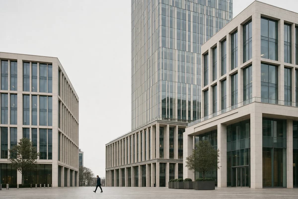 200+ assessments across fintech, healthcare, SaaS, government and manufacturing. Office buildings of a mixed business district on an overcast morning