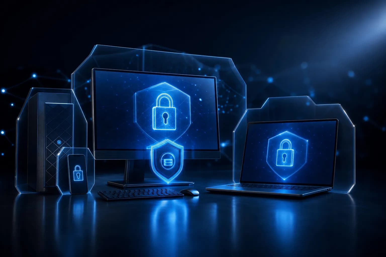 Endpoint Hardening and Device Protection Hardened enterprise workstations and laptops locked down with disk encryption, application control, and endpoint detection and response