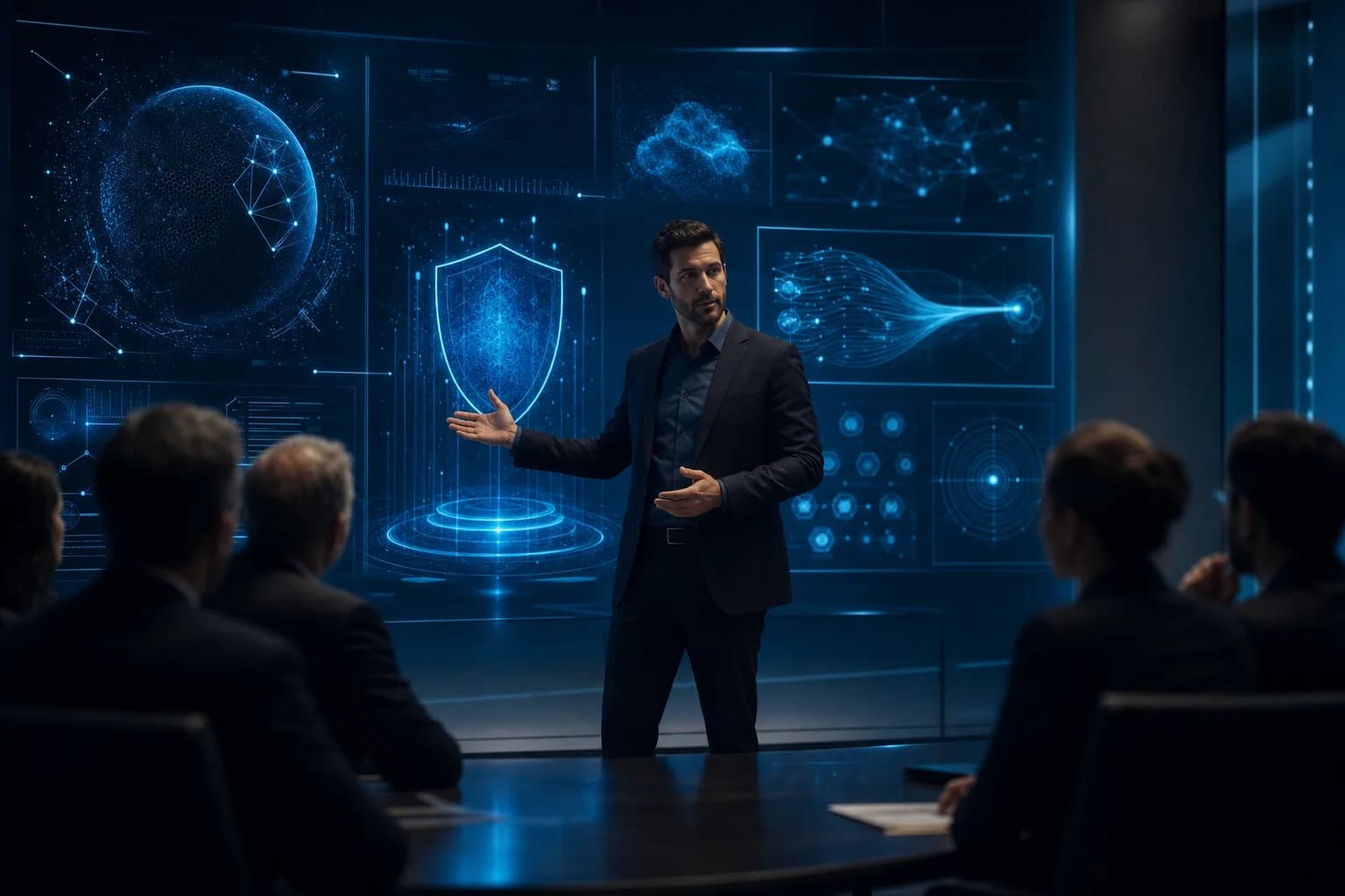 Security Strategy Advisory Cybersecurity consultant presenting a security strategy roadmap to executive leadership in a boardroom