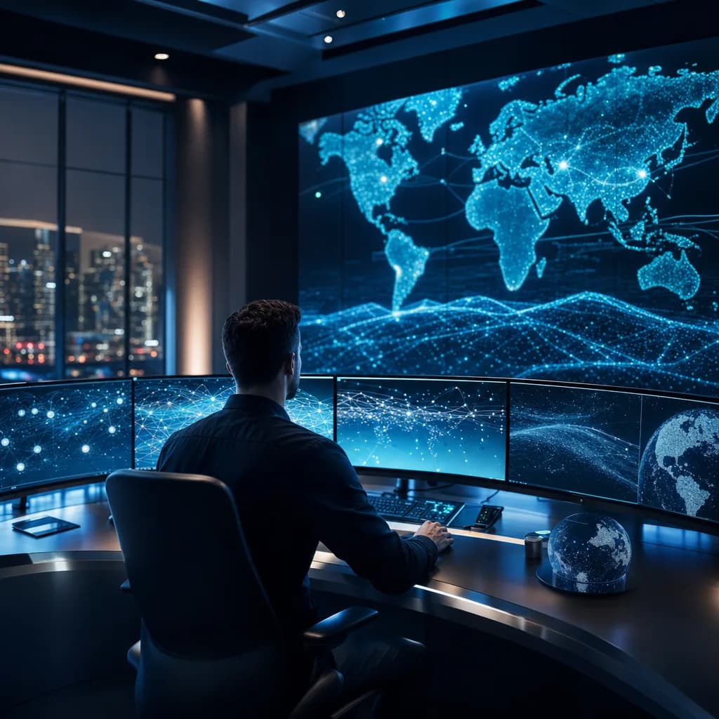 Continuous Threat Monitoring Security operations analyst monitoring live global threat intelligence and network telemetry in a command center