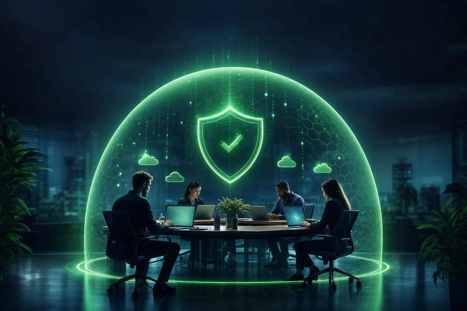 Managed Protection for Small Teams Small business team and cloud devices protected under a unified managed cybersecurity shield
