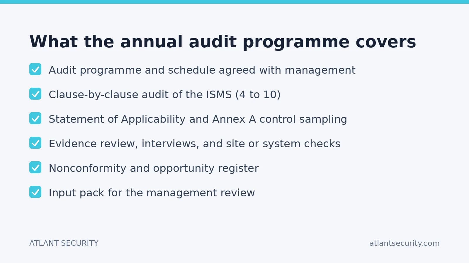 Audit programme What the annual ISO 27001 internal audit programme covers