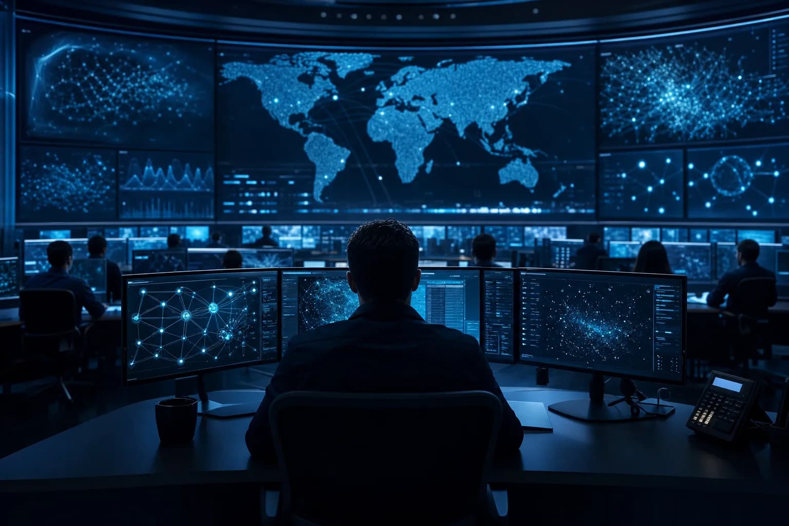 Security Operations Center Monitoring Security operations center monitoring dashboards during an IT security audit posture review