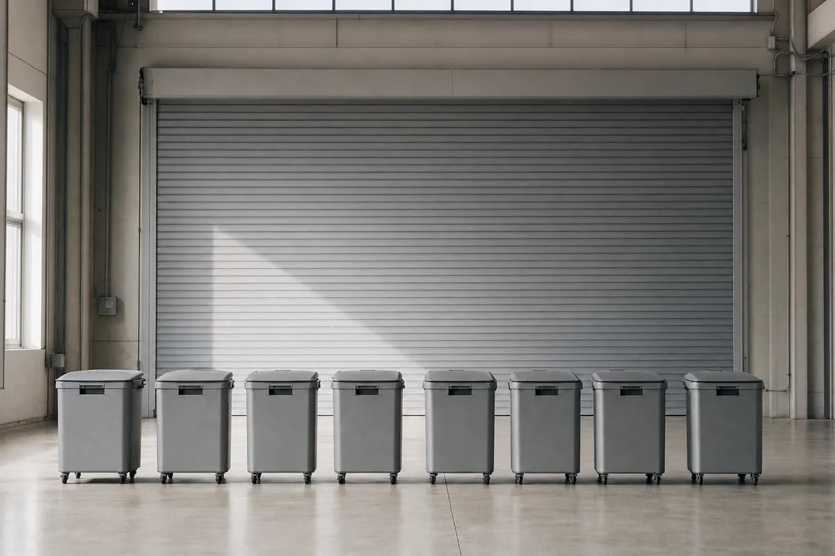 The assessment follows the chain of custody, from the console to the shred. Lidded secure collection consoles lined up on the floor of a document destruction facility