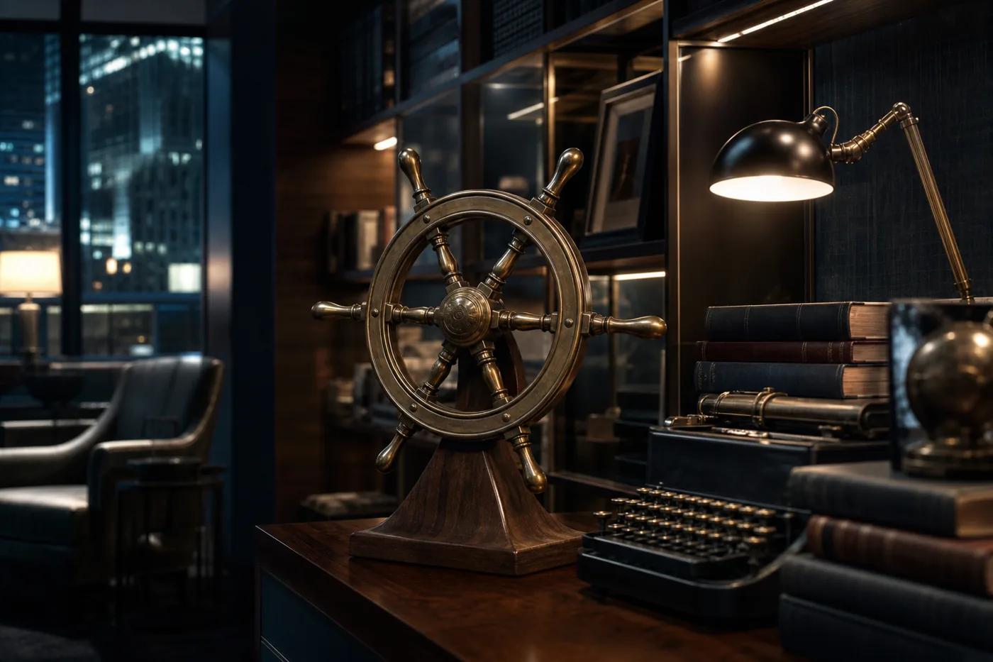 Brass ship's helm and vintage typewriter evoking the steersman origin of cyber