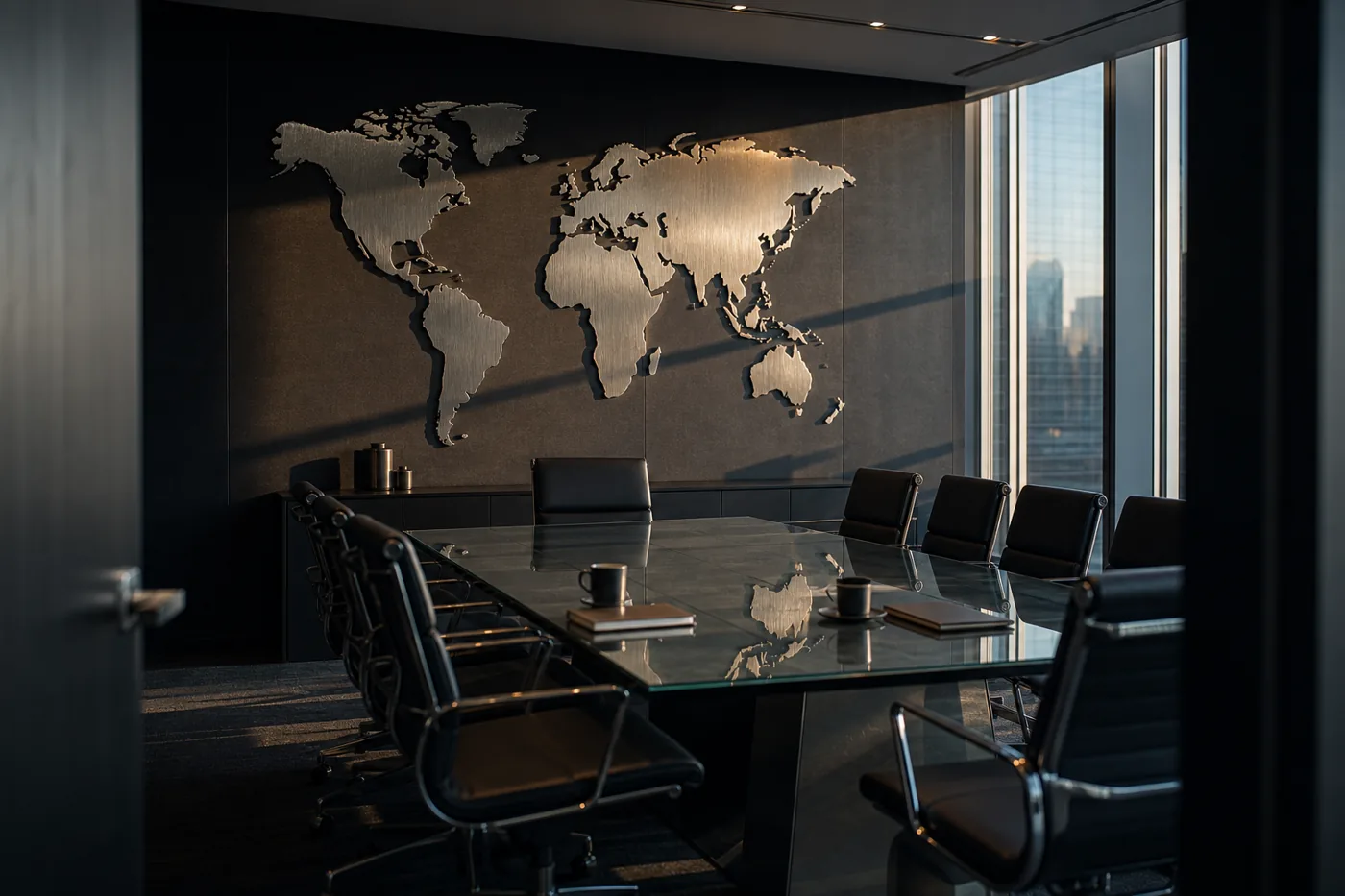 Metal relief world map in a conference room for regional spelling preferences