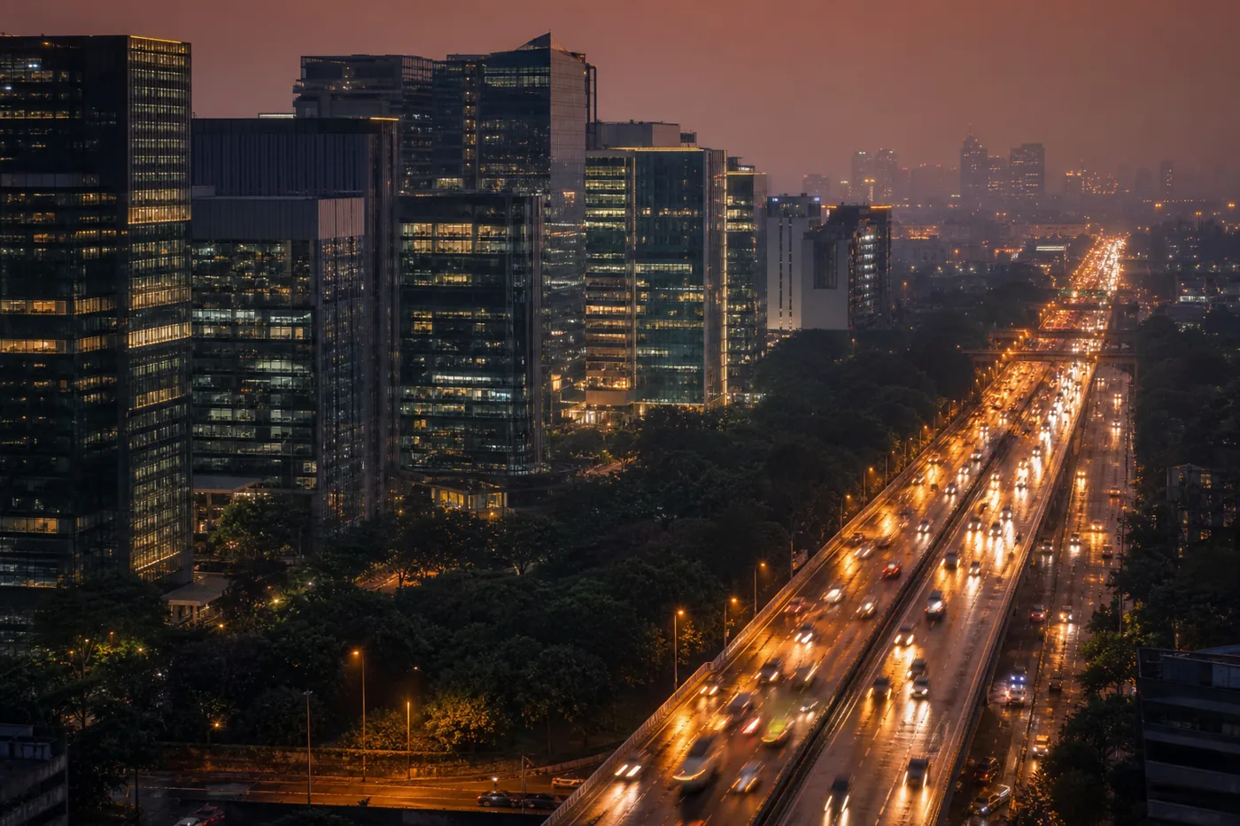 Indian business district skyline at dusk for the India spelling section