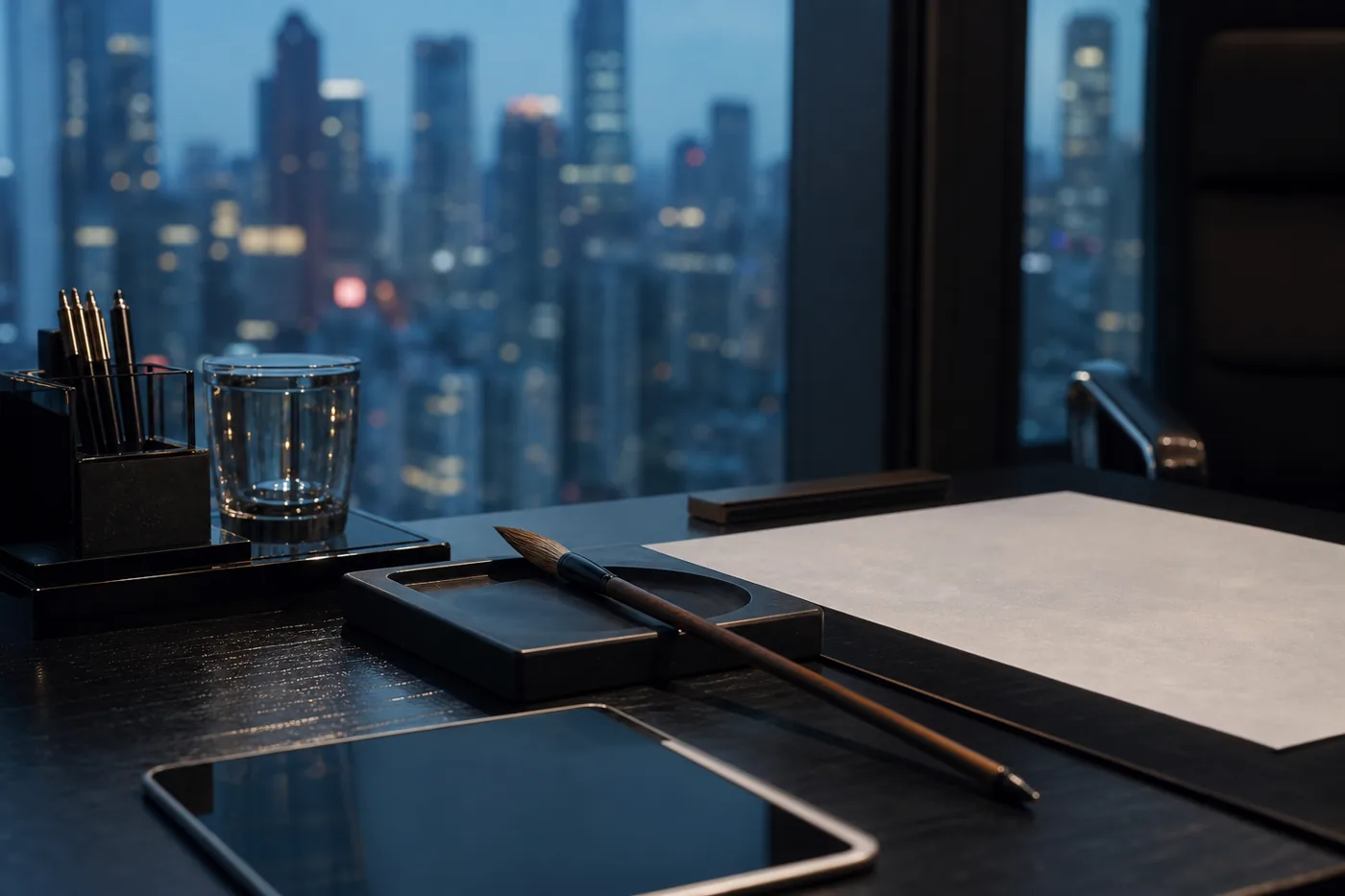 Calligraphy brush and ink stone on a Shanghai office desk for Chinese usage