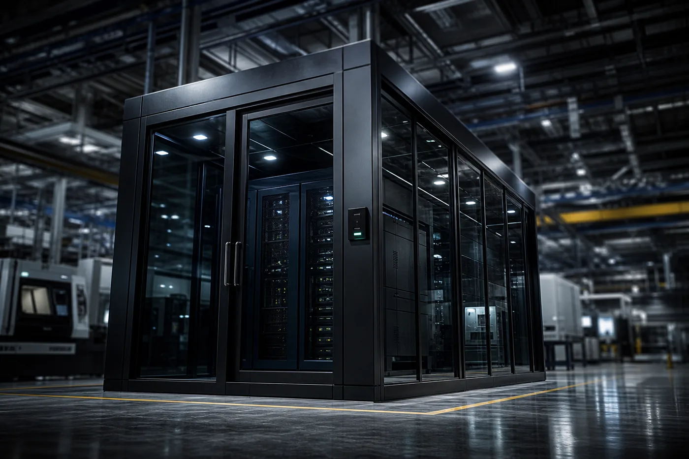 Glass-walled secure server enclave inside a defense manufacturing plant