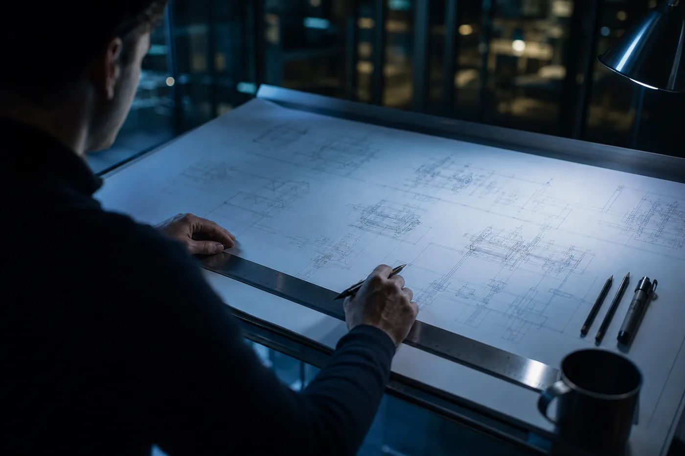 Printed network architecture drawings unrolled on a drafting table