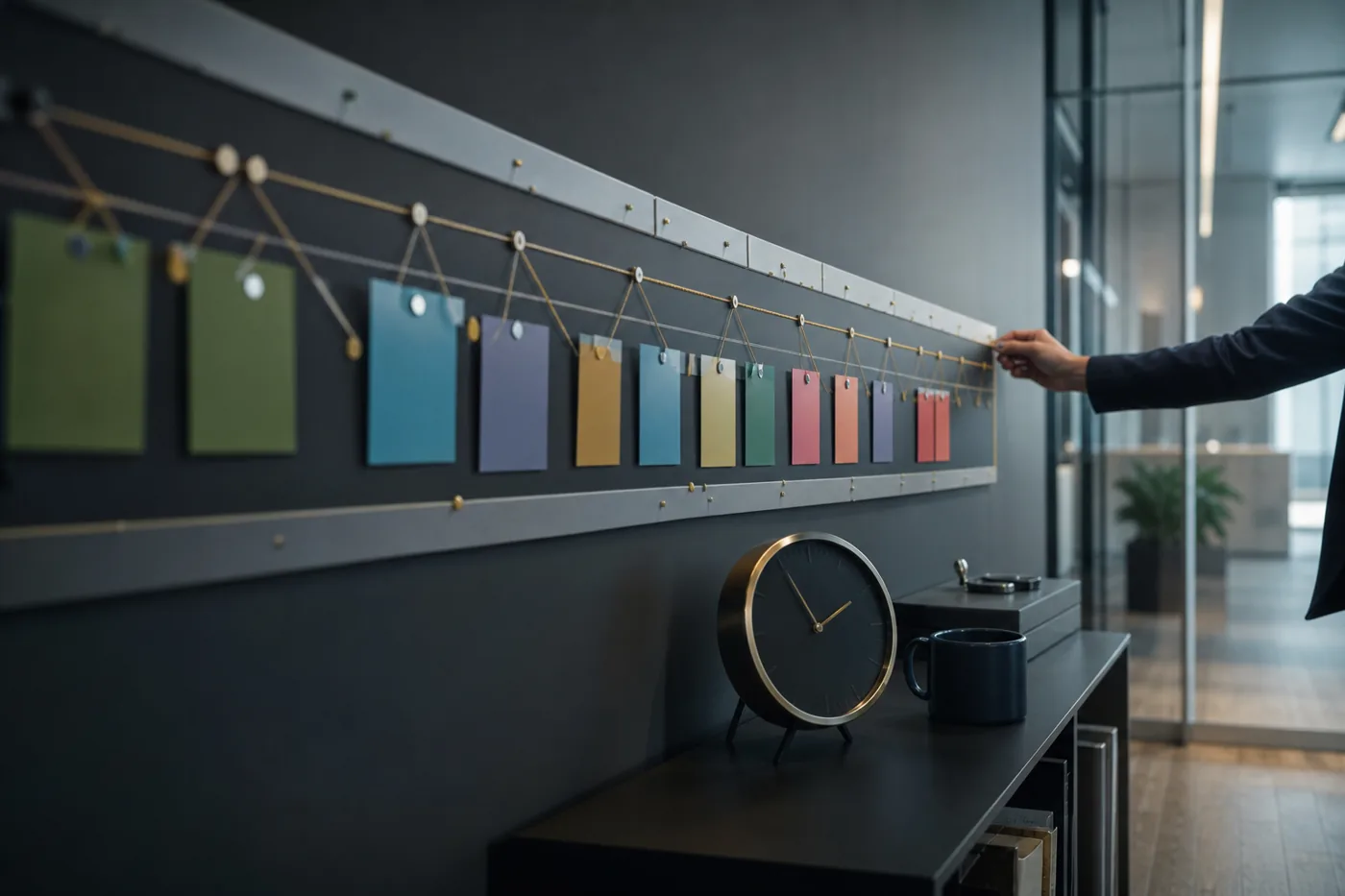 Project timeline wall with cards and string in a compliance program office