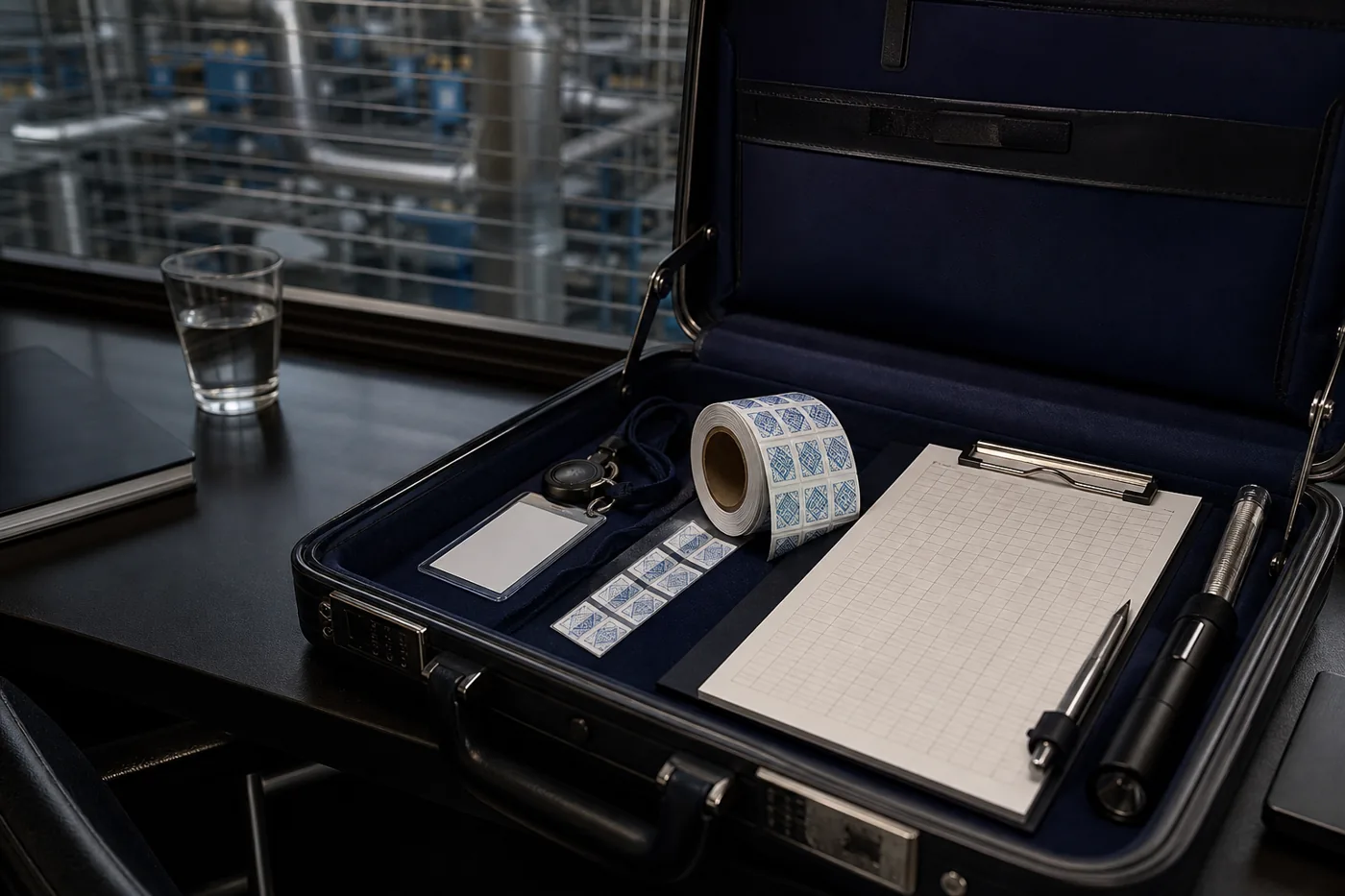 Assessor's open briefcase with clipboard and tamper seals on a desk