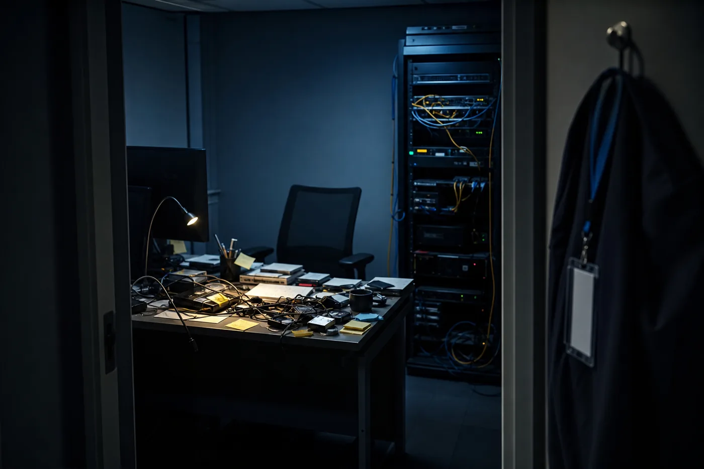 Overloaded in-house IT desk with tangled cables and a visitor lanyard