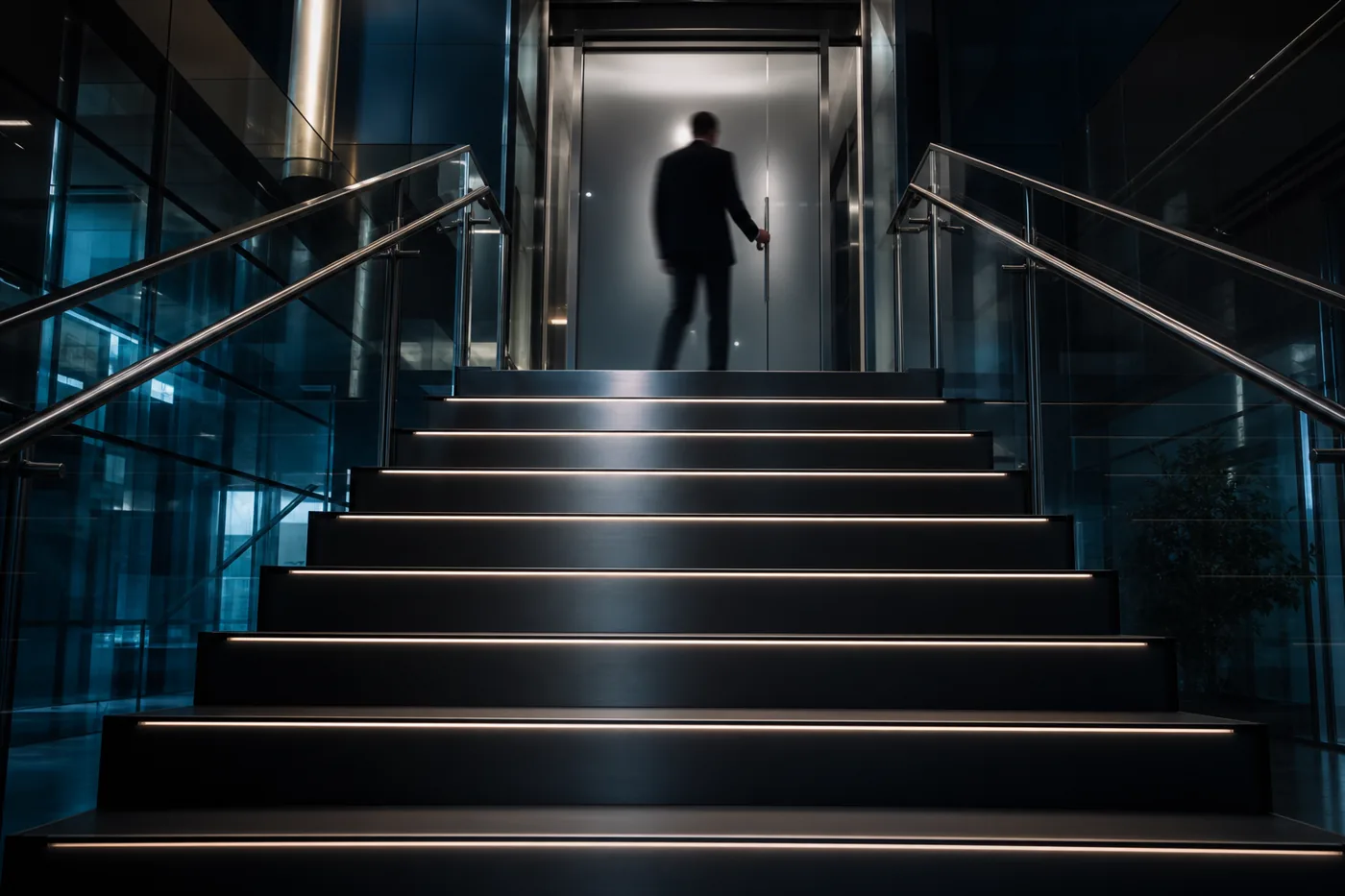 Seven steel steps rising to a glass door in an office atrium