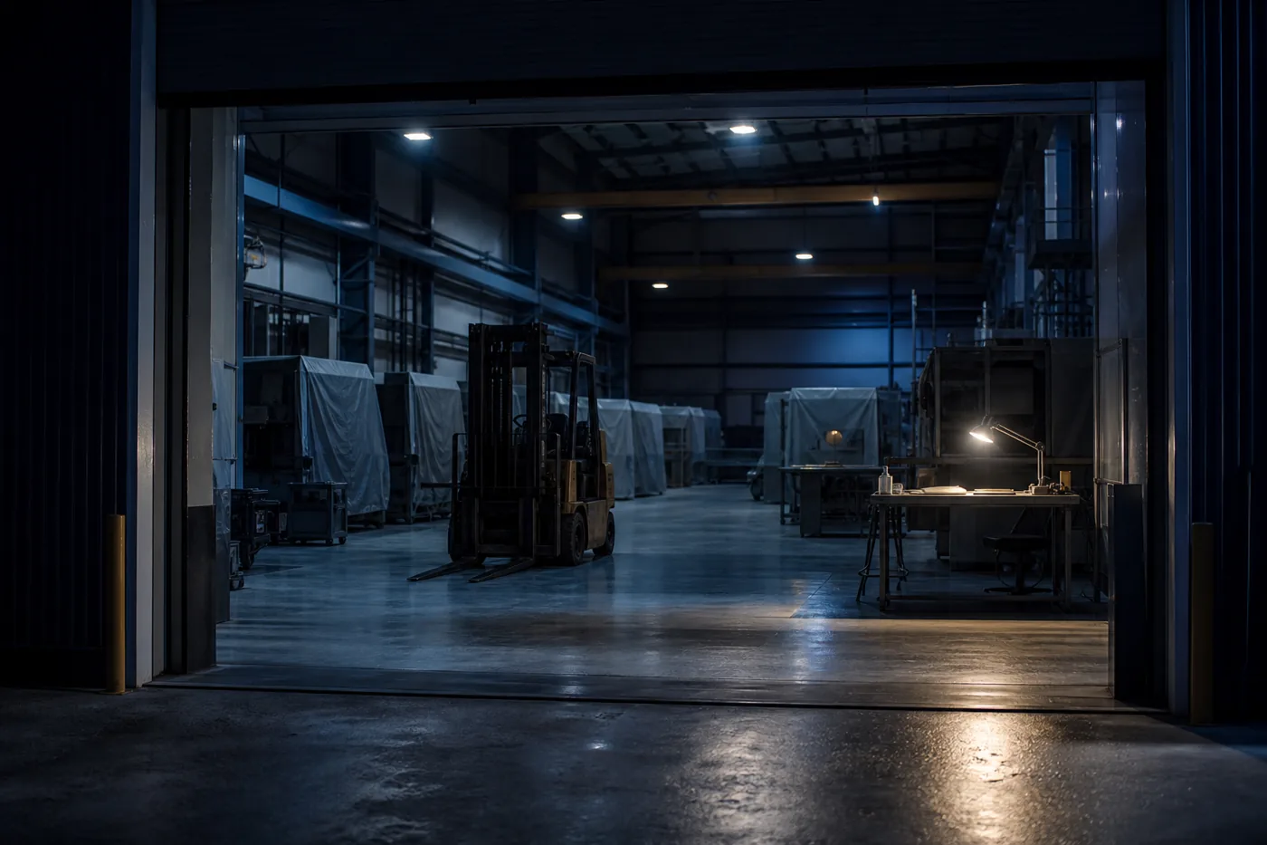 Idle machines on a dark manufacturing floor after a lost contract