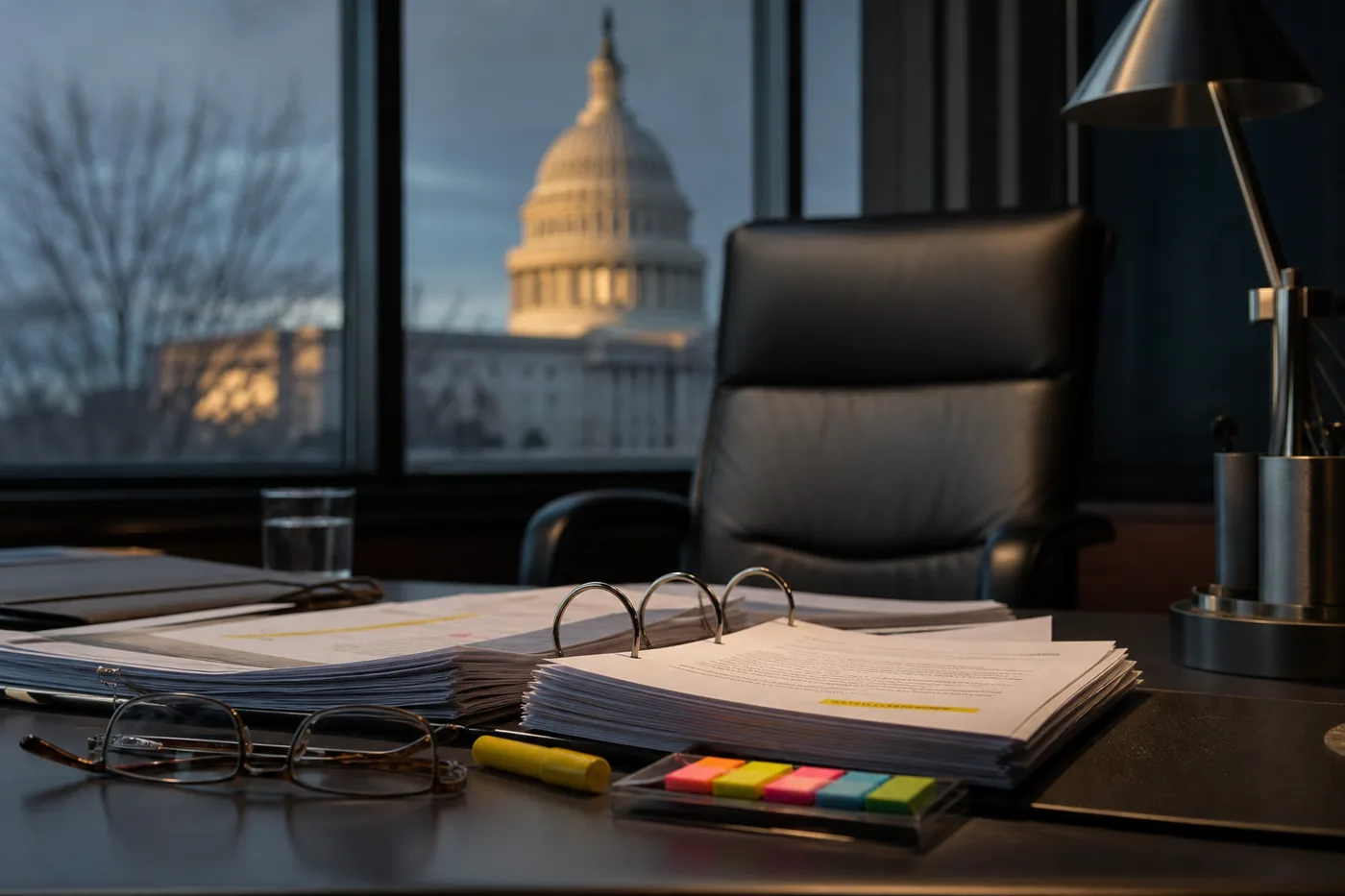 Federal contract binder open on a contracts office desk