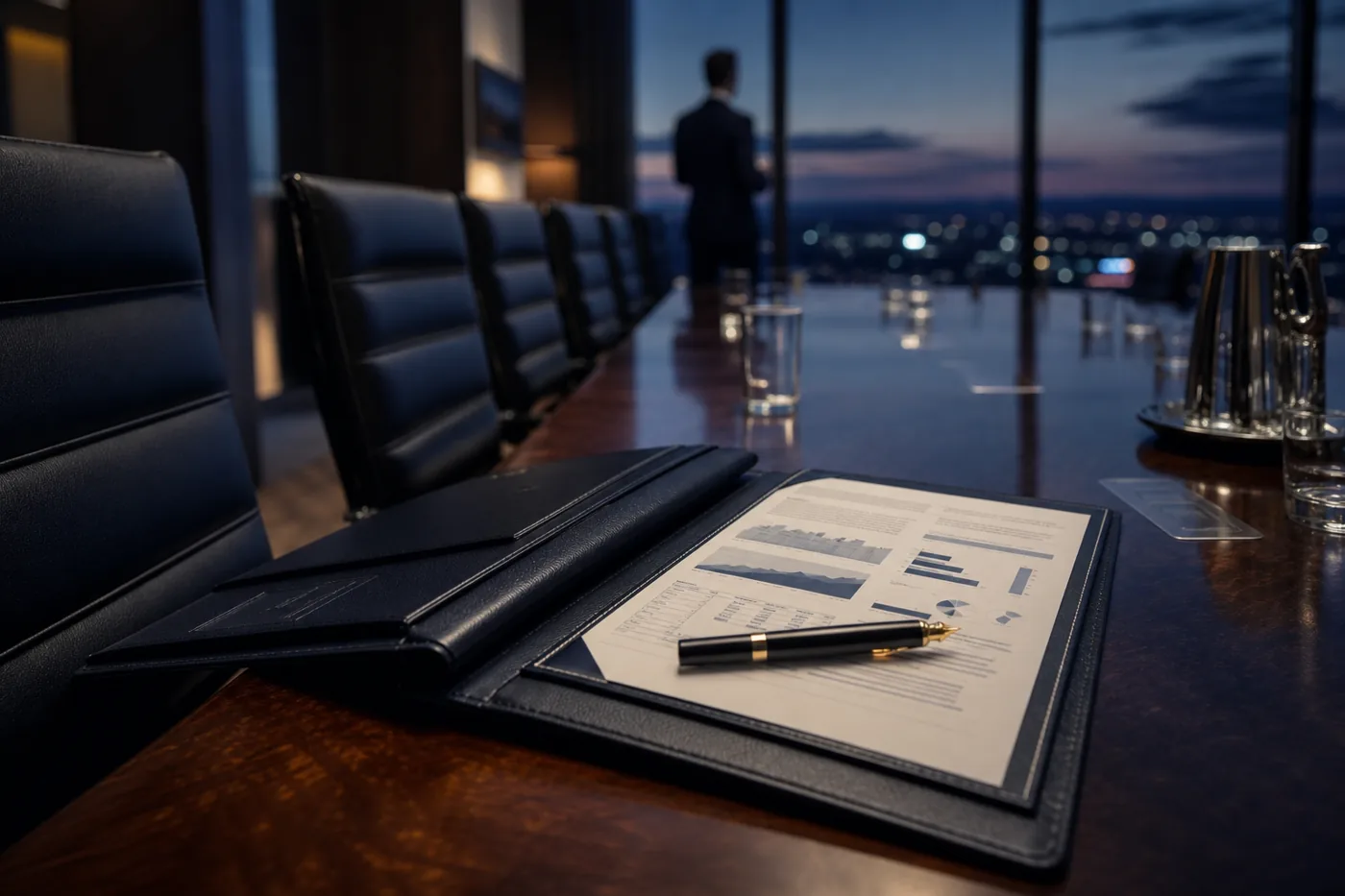 Consultant's open portfolio on a boardroom table before a security briefing