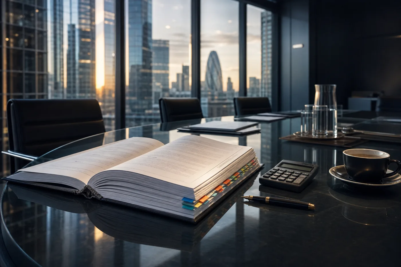 Bound due diligence dossier with calculator on a boardroom table