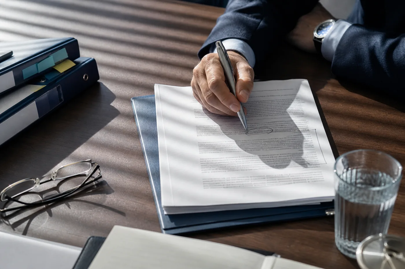 Reviewer annotating printed security policies beside tabbed binders