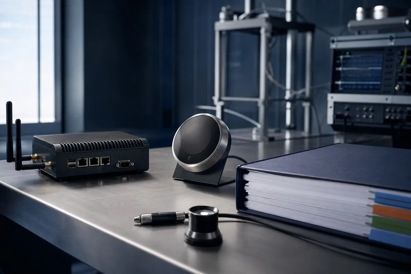 Connected devices on a test bench beside a bound EU regulation dossier