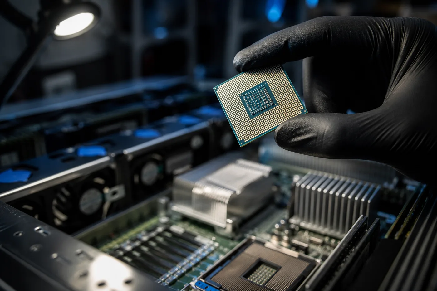 Technician holding a bare processor chip above an open server chassis