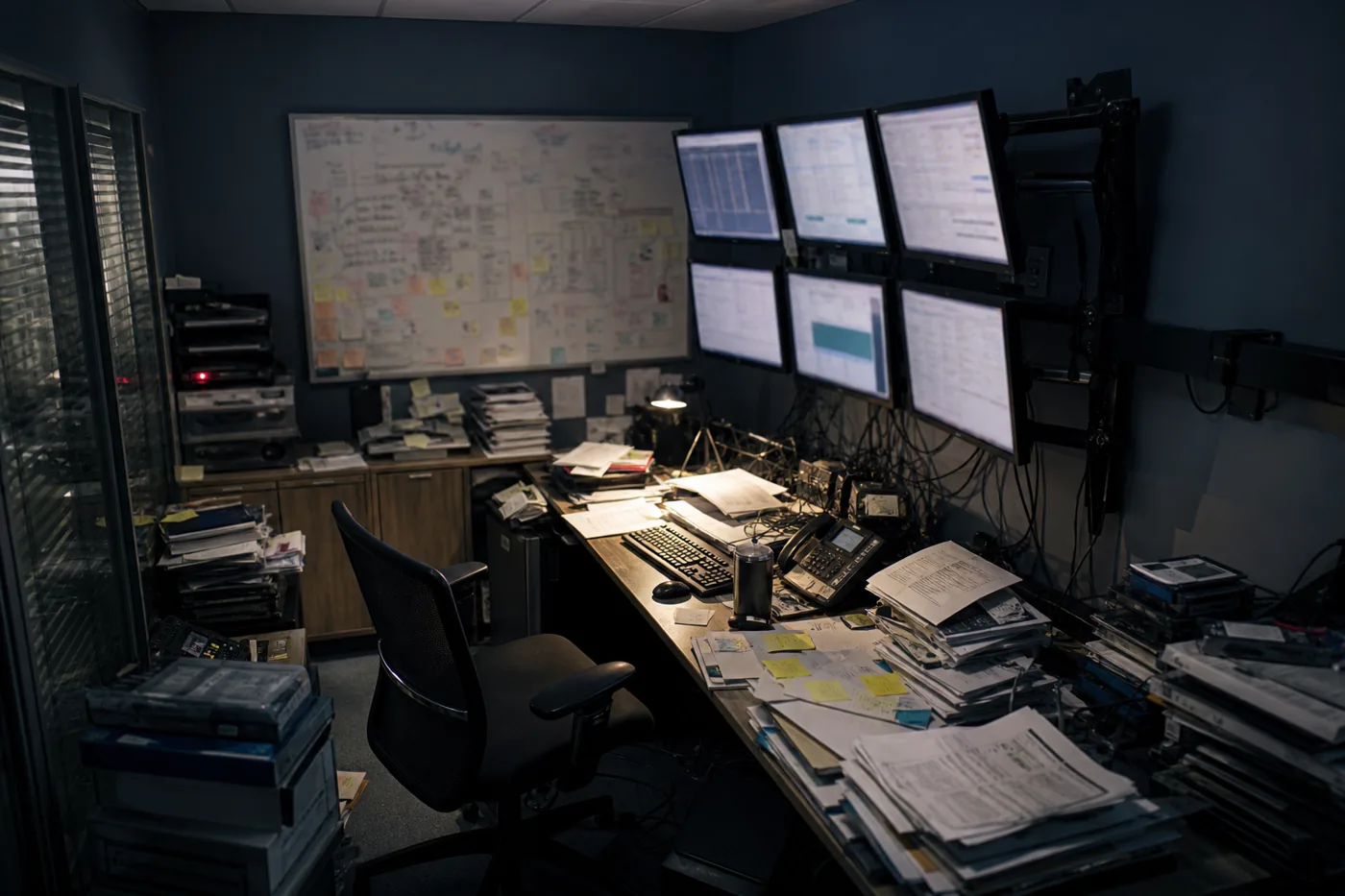 Cluttered small IT room with manuals and many monitors showing platform overhead
