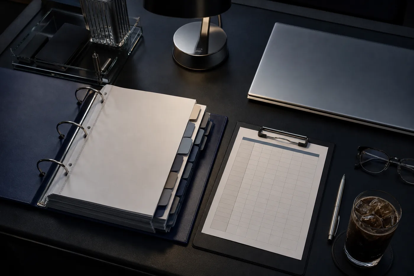 Auditor's binder, clipboard and closed laptop laid out on a desk