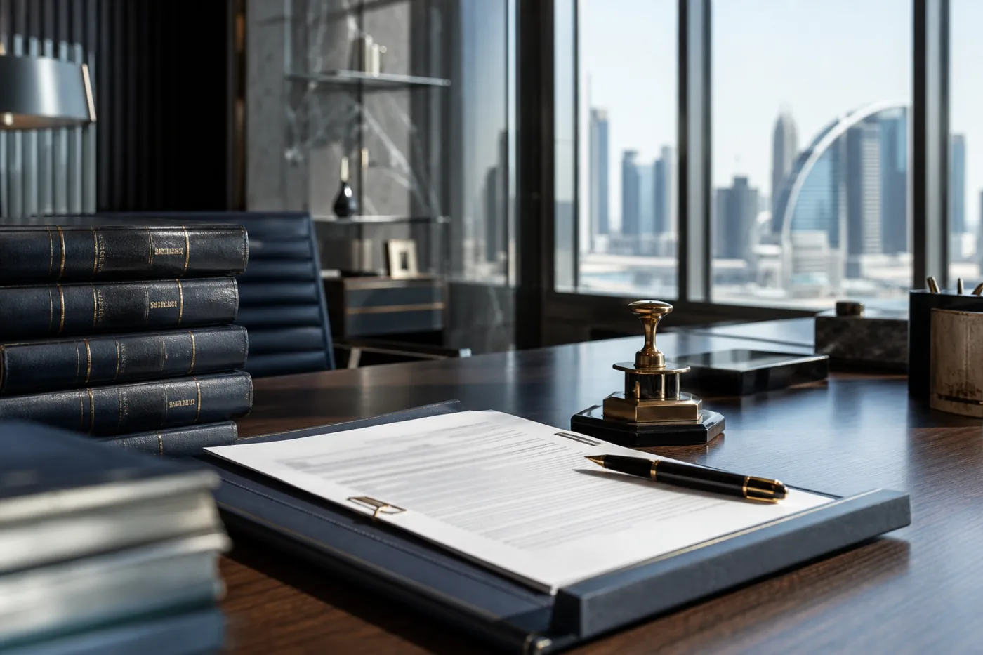 Legal counsel's desk with regulatory volumes and seal press for UAE compliance