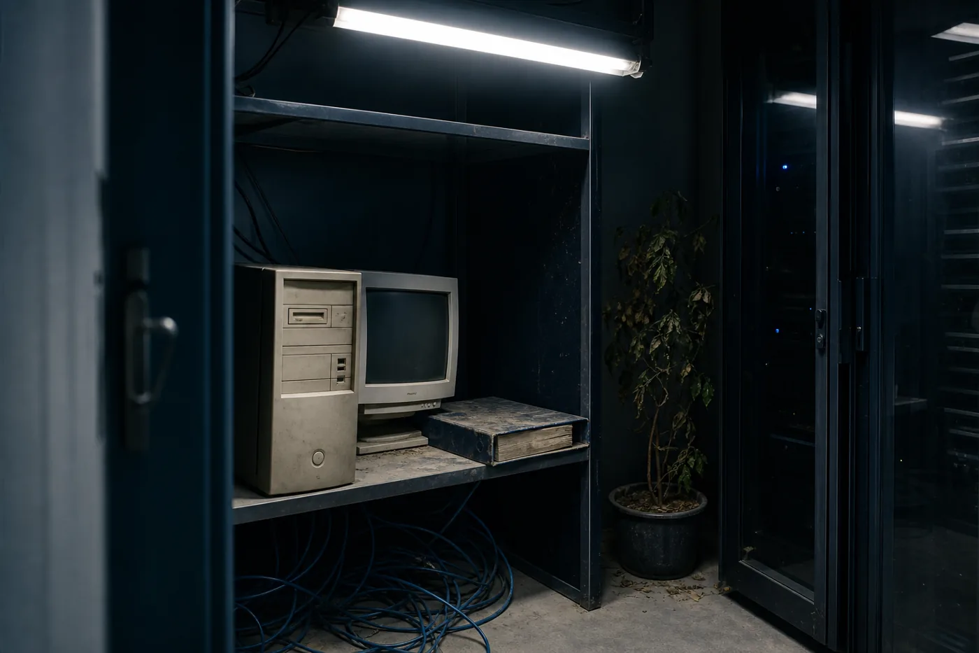 Dusty neglected server closet with outdated hardware signalling non-compliance