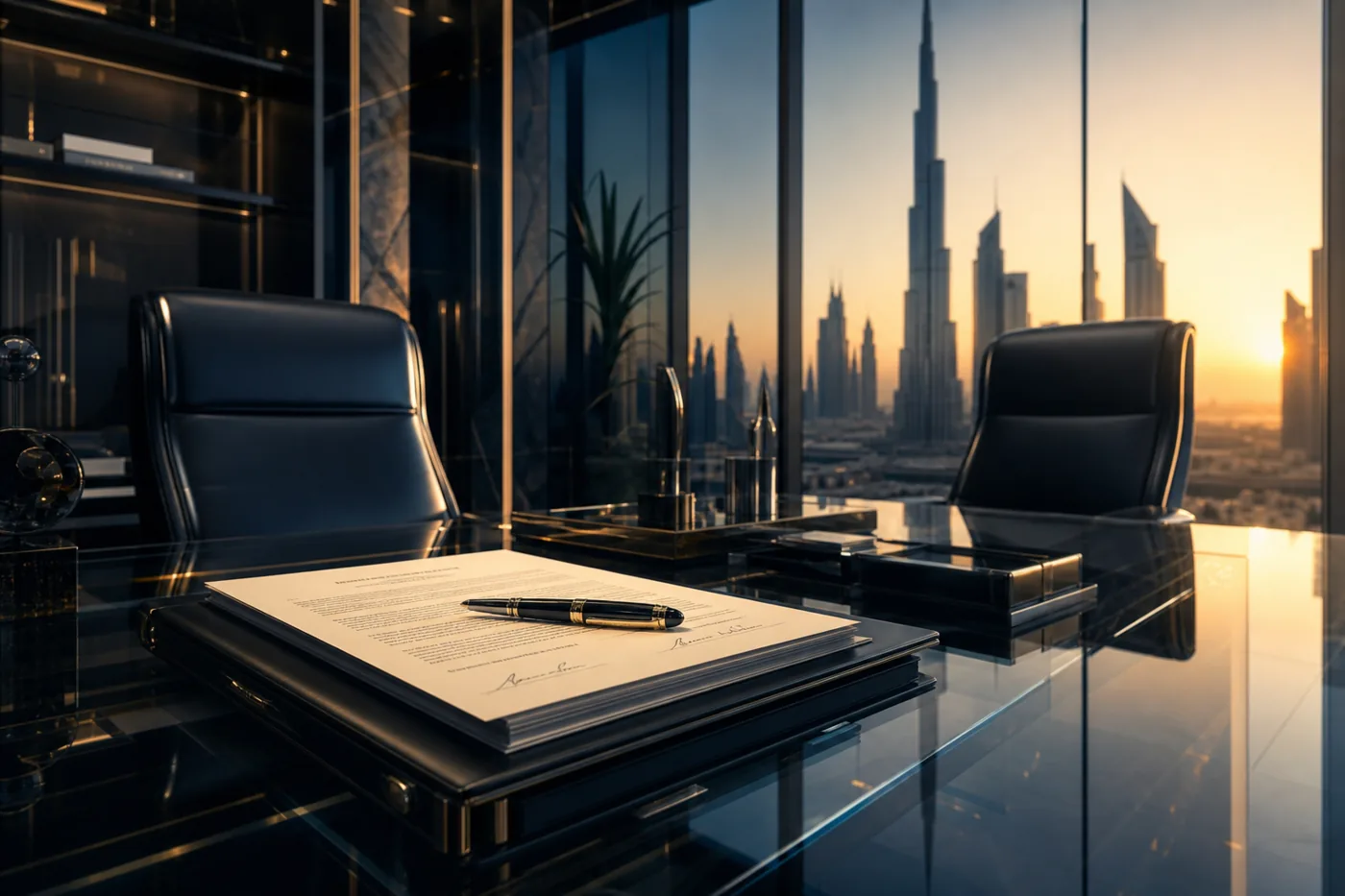 Signed enterprise contract on a Dubai executive desk at golden hour