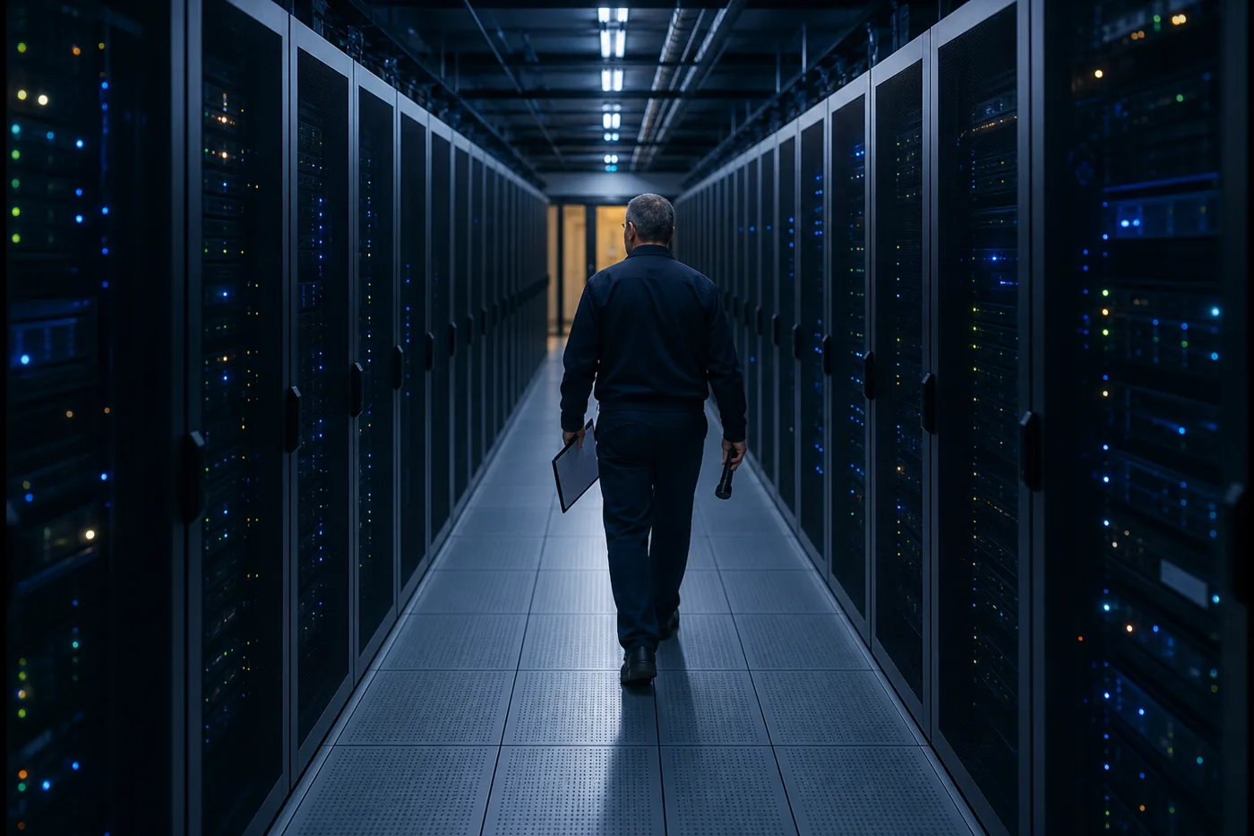 Assessor walking a data centre aisle with clipboard for the assess step