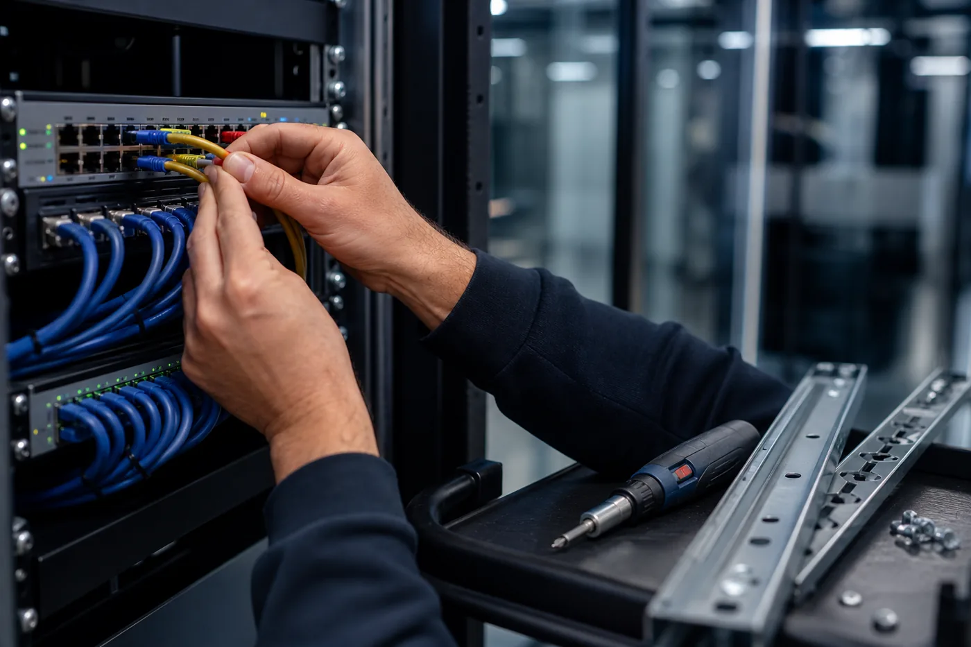 Technician's hands wiring a new network switch while fixing compliance gaps