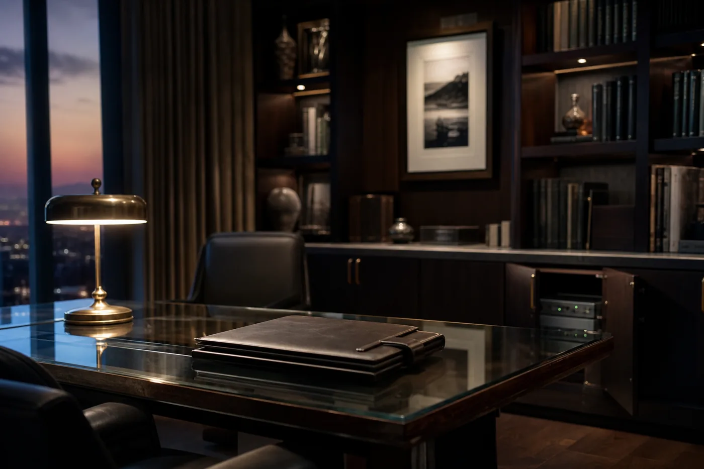 Private family office study with a leather portfolio and a network cabinet