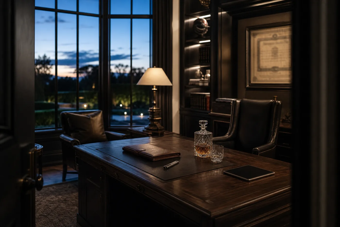 Family office study with leather portfolio and hardware crypto wallet at dusk