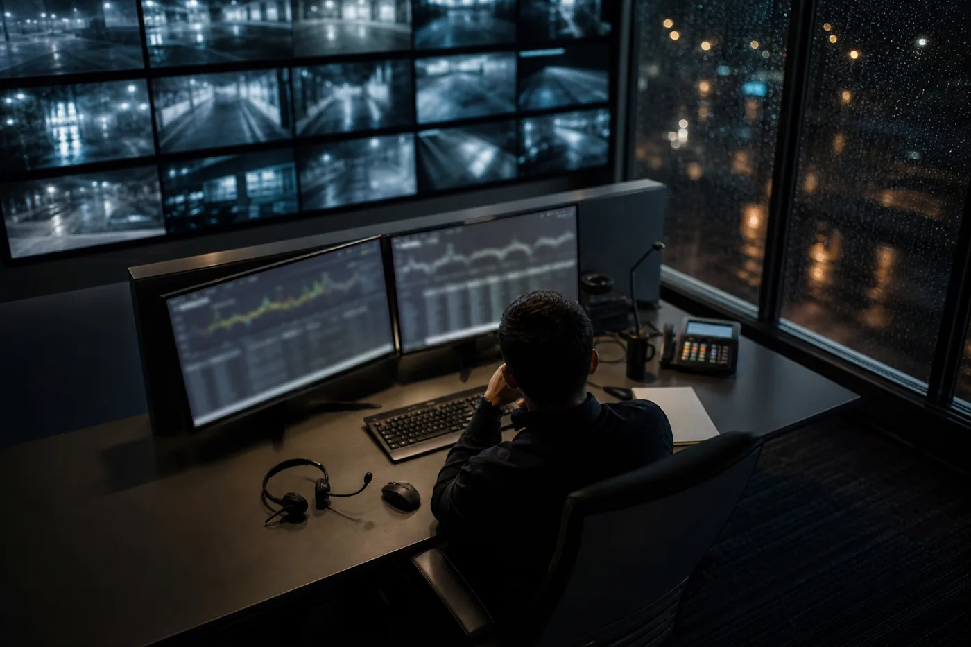 Night-shift monitoring desk with blurred activity graphs for behavioral analytics