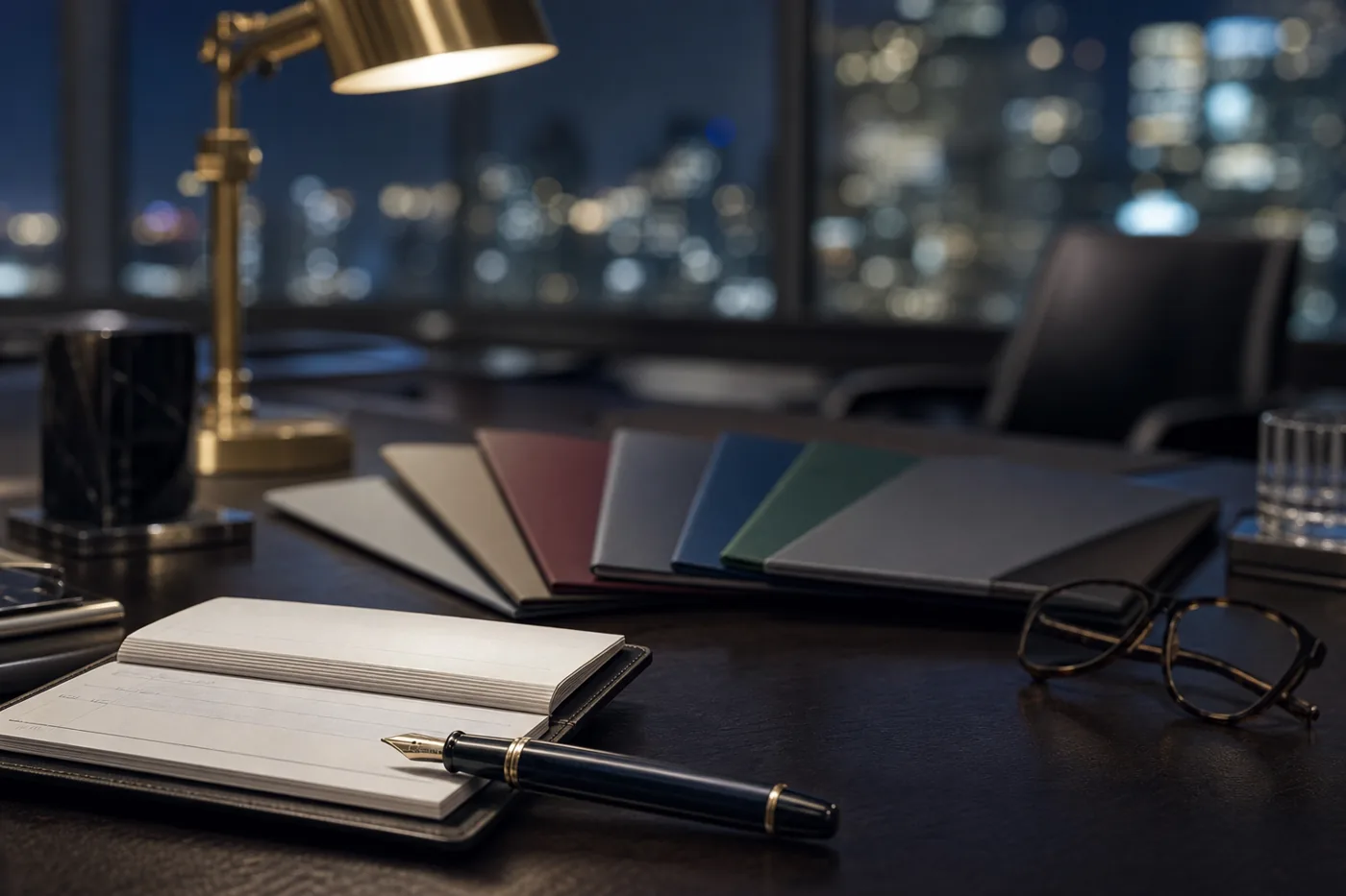 Open chequebook and fanned proposal folders for comparing audit firms