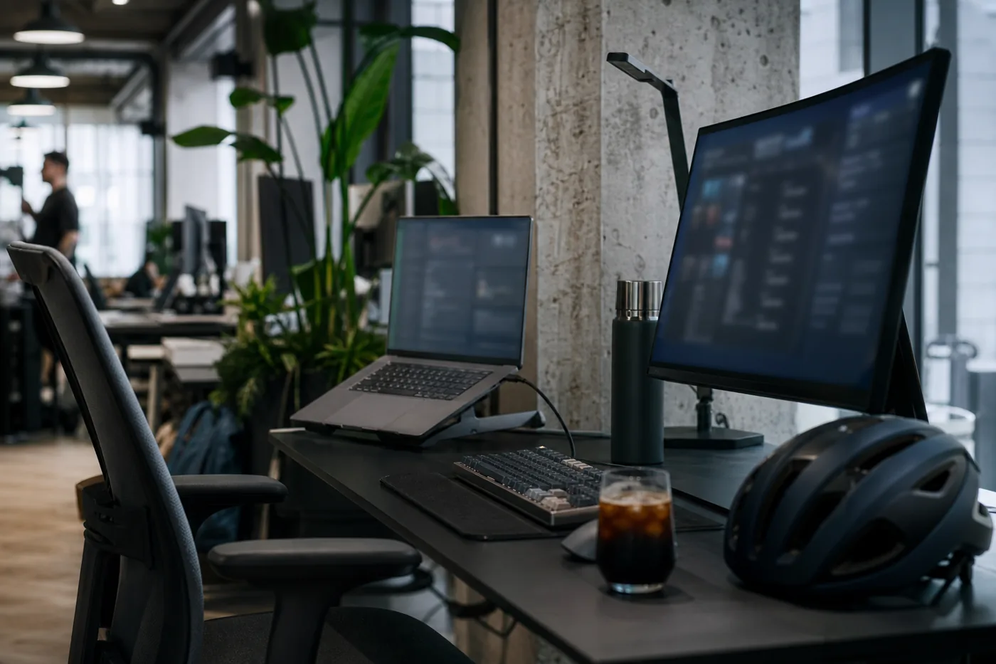 Developer's coworking desk with blurred dashboard for platform-based pentesting